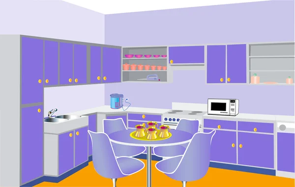 Muebles en la cocina de color lila conjunto moderno — Vector de stock