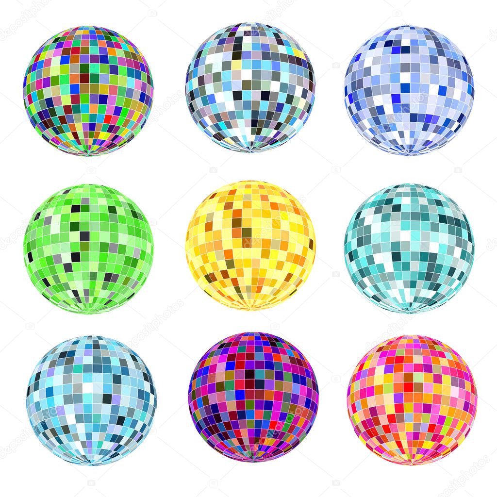 of a set of balls of different colors for a disco on a white