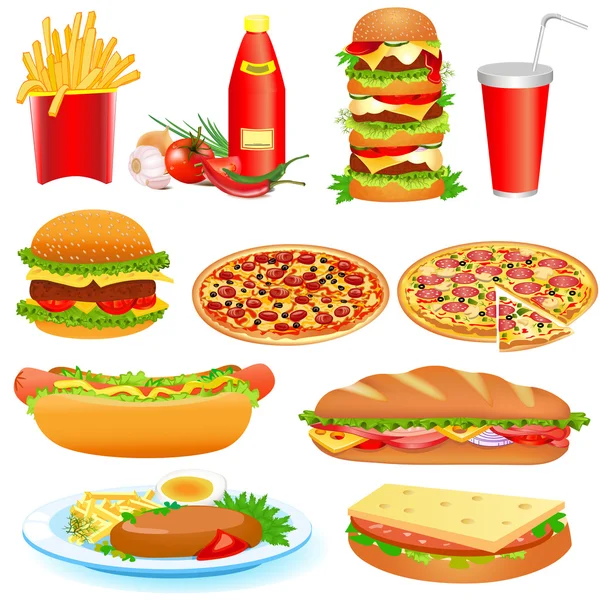 With a set of fast food and ketchup pitsey — Stock Vector