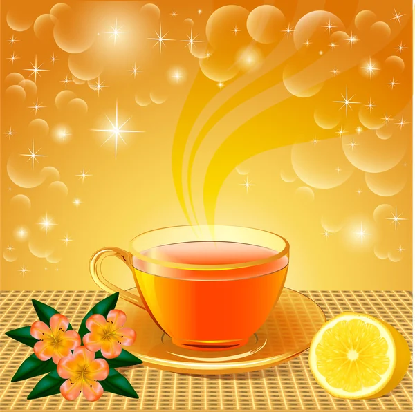 背景与花卉茶和柠檬 — 图库矢量图片