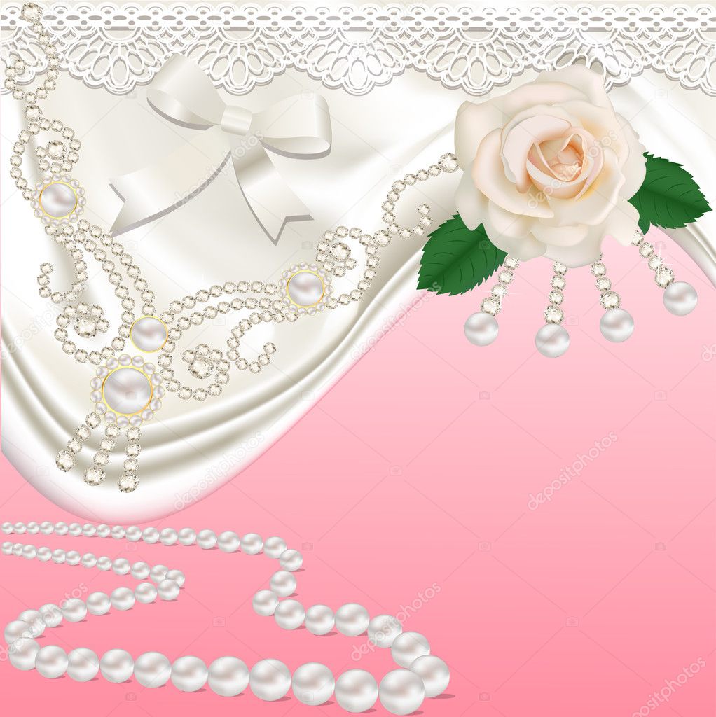Background with heart rose wedding rings and pearls