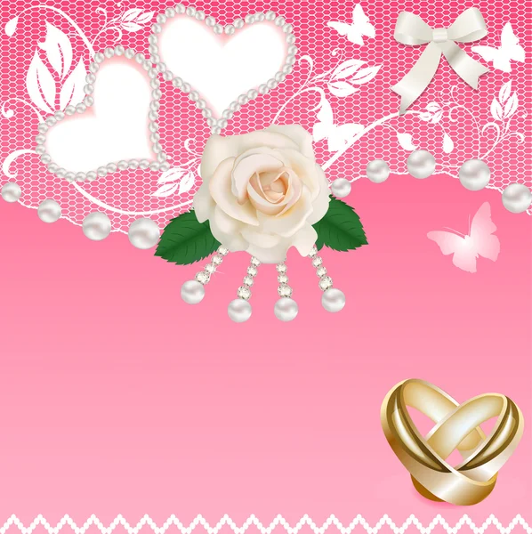 Fondo con corazón rosa anillos de boda y perlas — Vector de stock