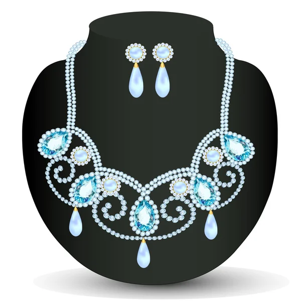 De collar con joyas y perlas azules — Vector de stock