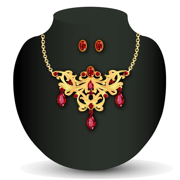 De collar con joyas rojas y pendientes — Vector de stock