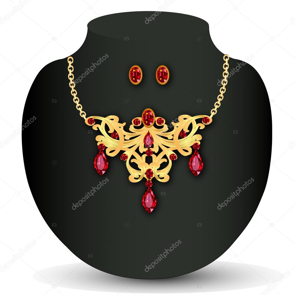 of necklace with red jewels and earrings