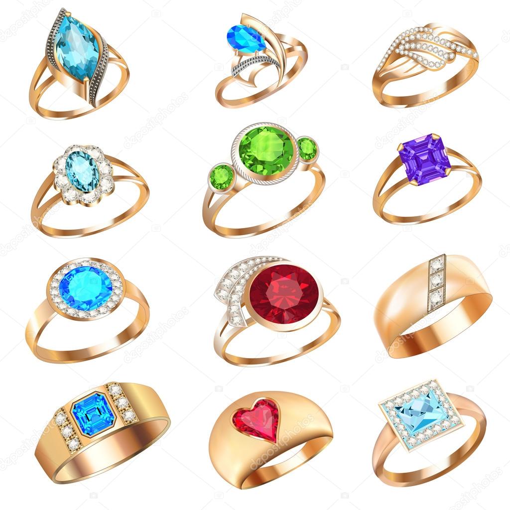 set of rings with precious stones on a white background