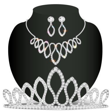diadem kolye ve küpeler ile beyaz değerli taşlar