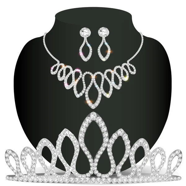 Ожерелье диадема и серьги с белыми драгоценными камнями — стоковый вектор