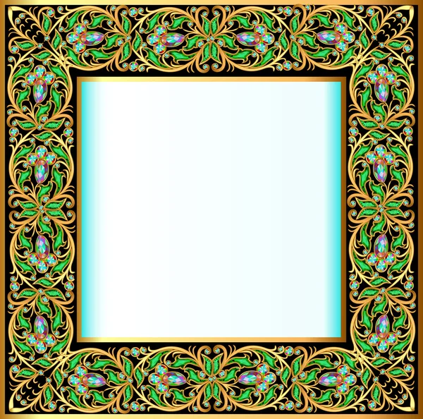 Frame with jewels and geometric designs in gold — Stock Vector