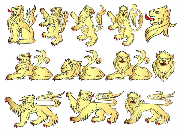 Ensemble de symboles héraldiques d'un lion — Image vectorielle