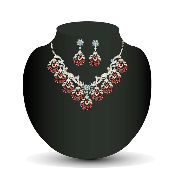Goldene Halskette und Ohrringe weiblich mit roten Edelsteinen — Stockvektor