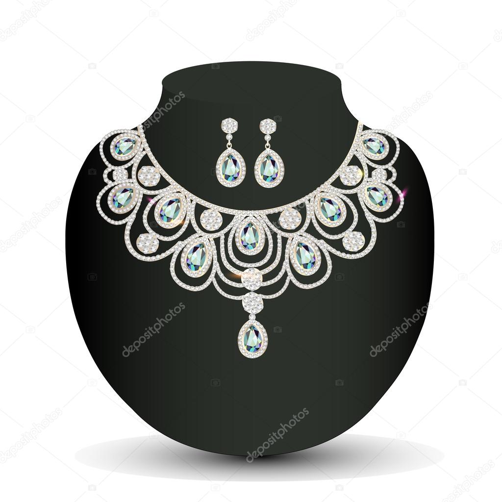 necklace and earrings female with white precious stones