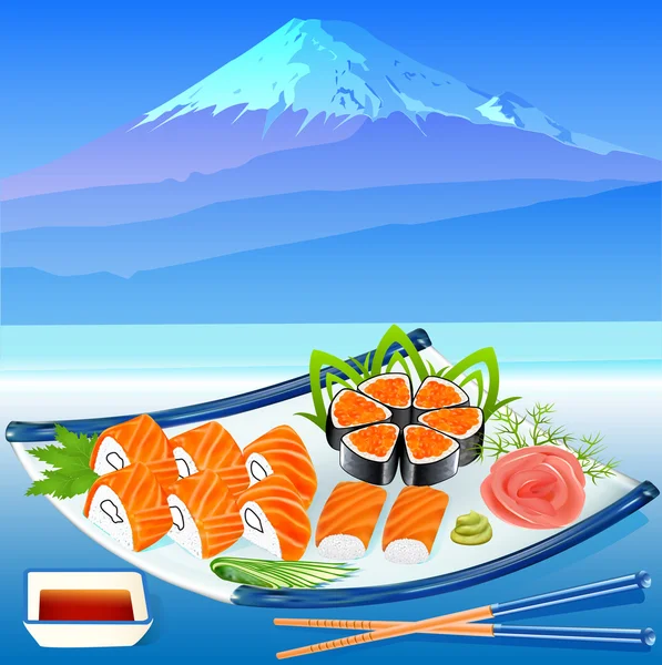 Z rolki sushi z zielenią w tle fujiyama — Wektor stockowy