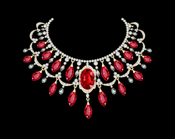 Collier doré femelle avec pierres précieuses rouges — Image vectorielle