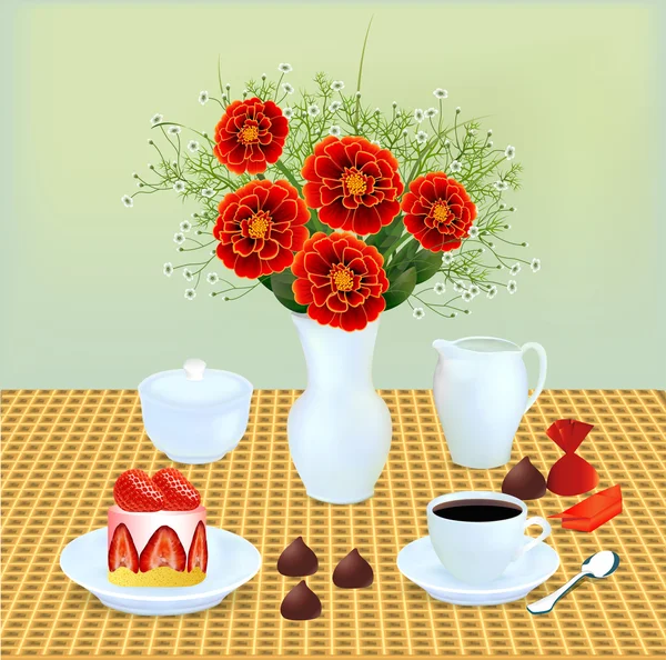 静物与花束巧克力和咖啡甜点 — 图库矢量图片