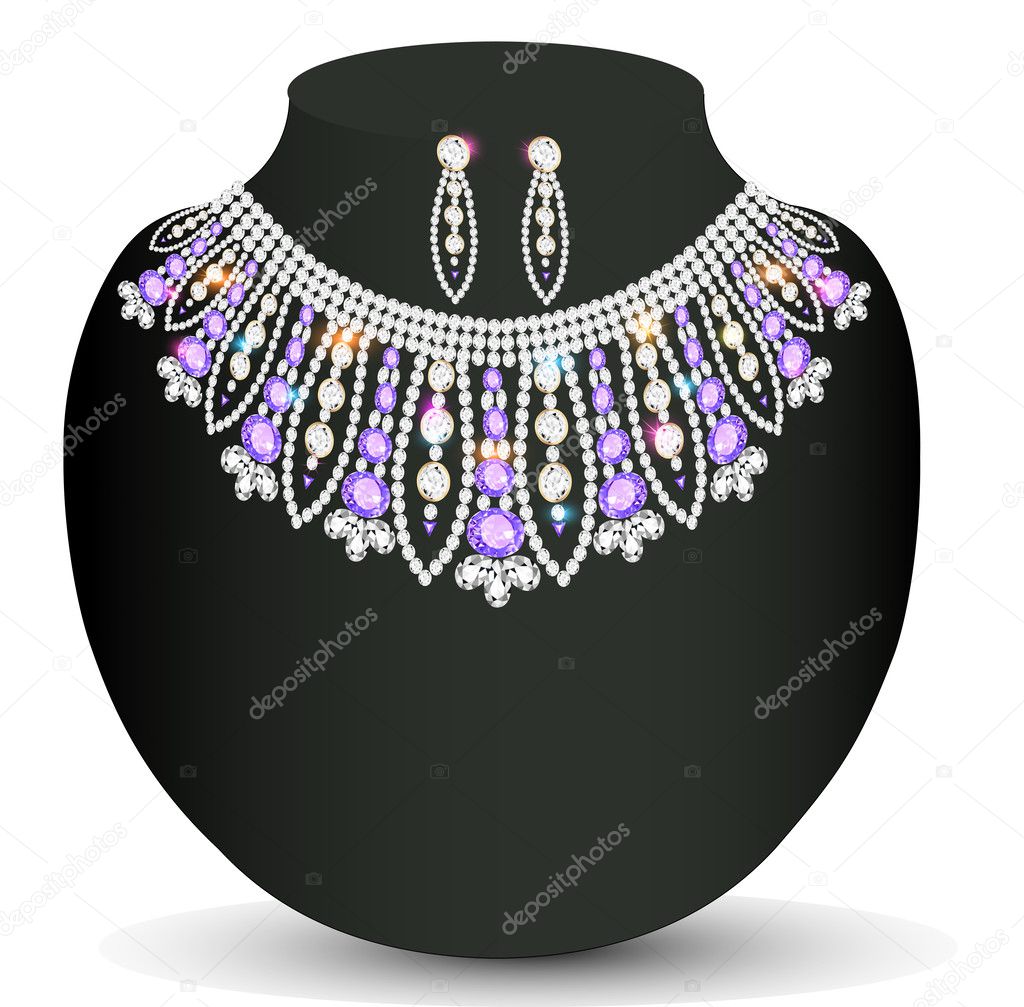 female necklace and earrings with lilac precious stones