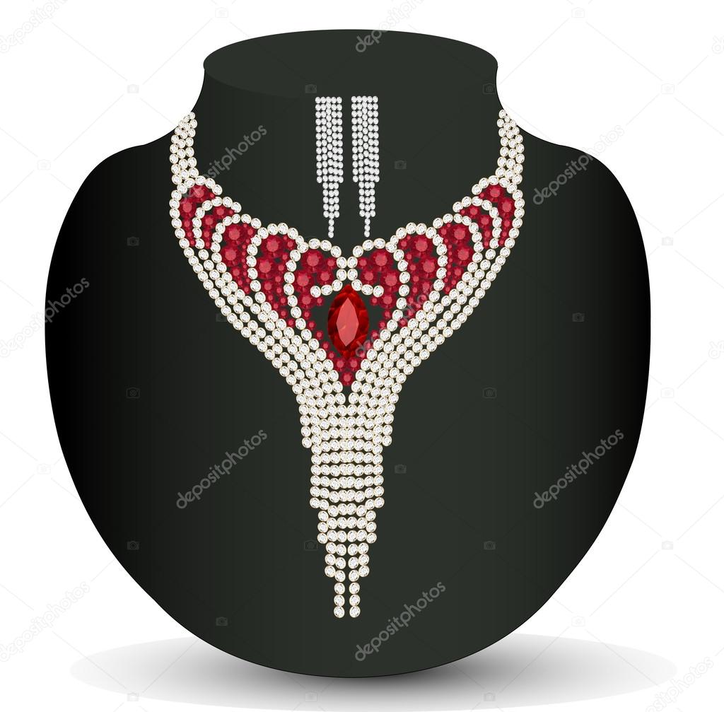 female necklace and earrings with red precious stones