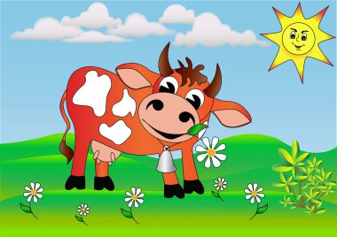 daisy tekerlek üzerinde çayır ile illüstrasyon mutlu inek.