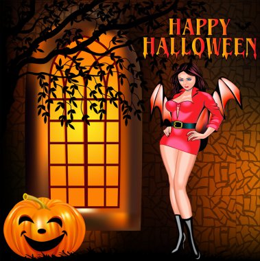 halloween kız pencere ve kabak bir kartpostal