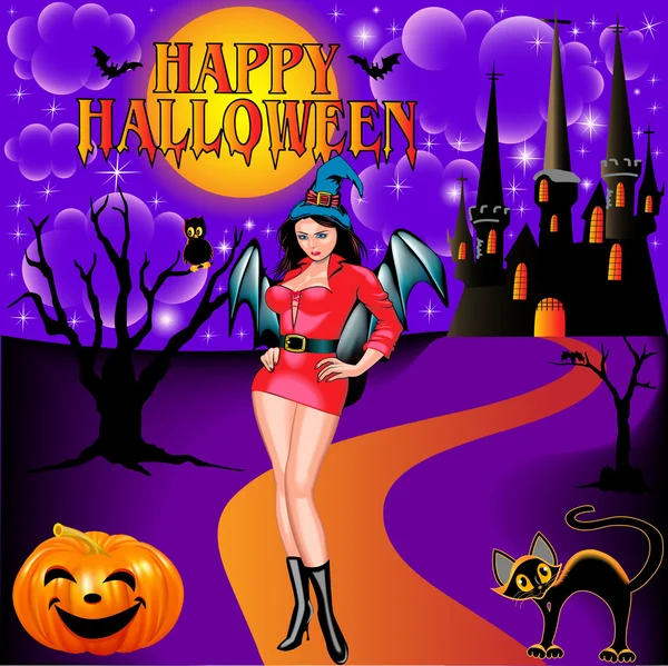 De una postal en el castillo de la muchacha de Halloween y el gato — Vector de stock