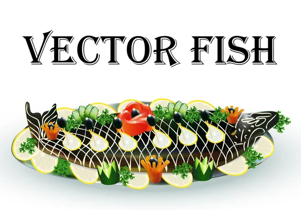 Van vis gebakken gevuld met citroen en groenten — Stockvector