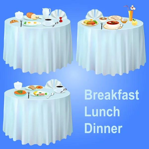Desayuno almuerzo cena en la mesa con un mantel — Vector de stock