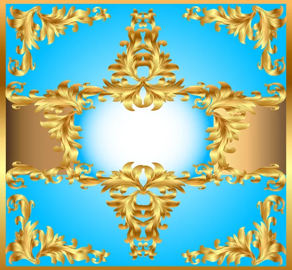 Marco de pintura de fondo azul, con adornos de oro — Vector de stock