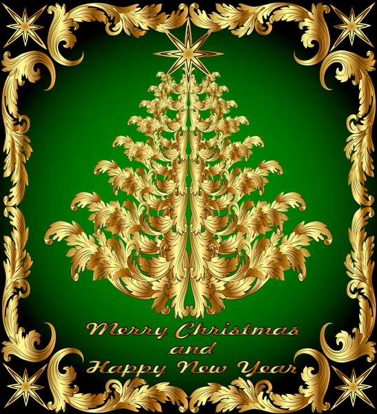 Fondo con el árbol de Navidad ornamental de oro — Vector de stock