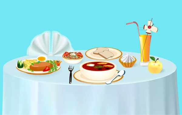 Lunch on the table chicken soup and juice with dessert and Appl — Stock Illustration Lunch on the table chicken soup and juice with dessert and Appl Royalty Free Stock Illustrations