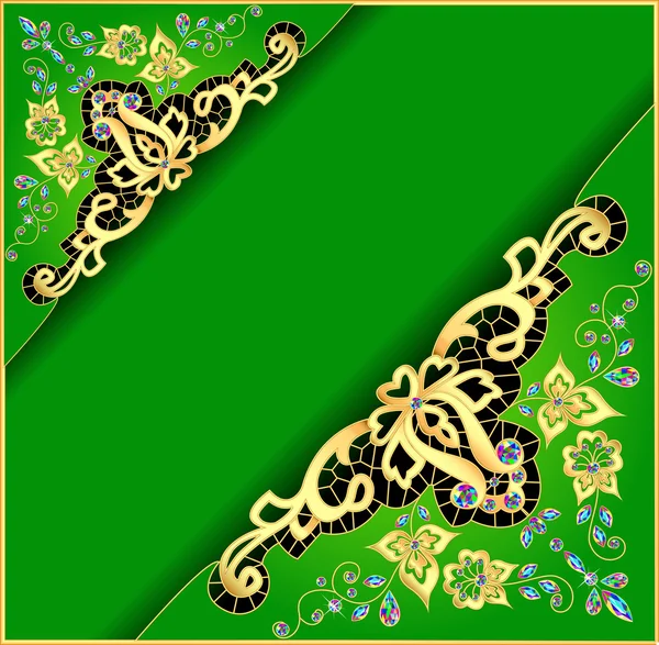 Green background with gold ornament and precious stones — Stock Vector