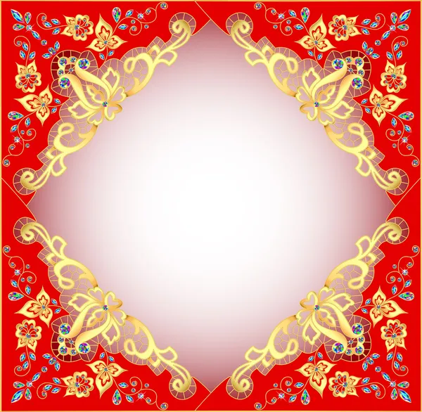 Fond rouge avec ornement en or et pierres précieuses — Image vectorielle