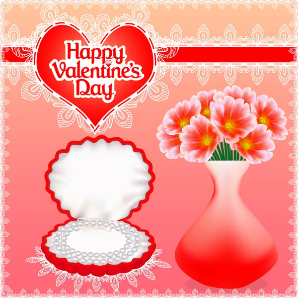 Card pearl necklace in a box with Valentine's Day — Stock Vector