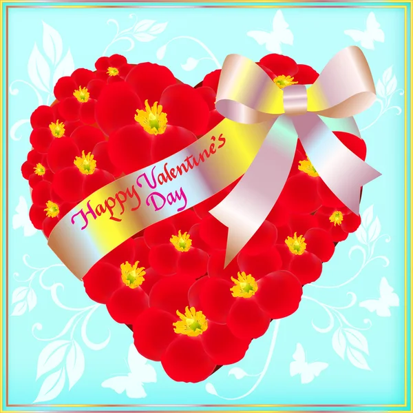 Briefkaart op Valentijnsdag met het hart van rode bloemen en een — Stockvector