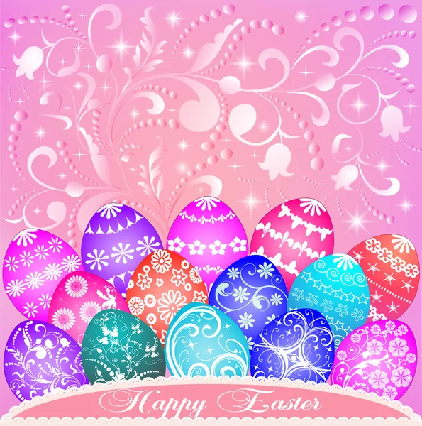 Paskalya yumurtaları ve süsleme bir kartpostal — Stok Vektör