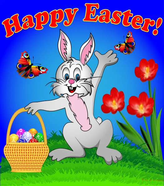 Králík s velikonoční vajíčka v karikatuře košík s květinami a — Stockový vektor