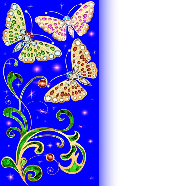 Fundo com borboletas e ornamentos feitos de ston precioso — Vetor de Stock