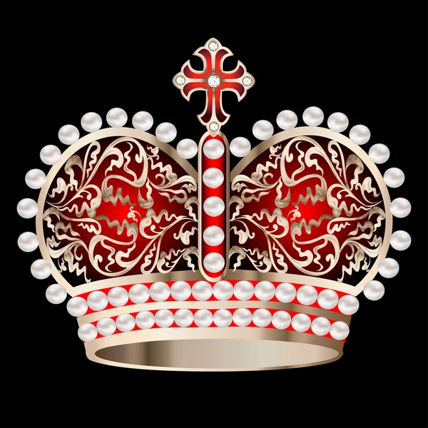 Corona con perlas y adorno sobre un negro — Vector de stock