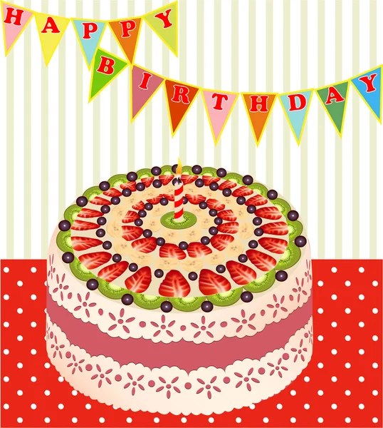 Van een verjaardagscake met kiwi en aardbeien — Stockvector