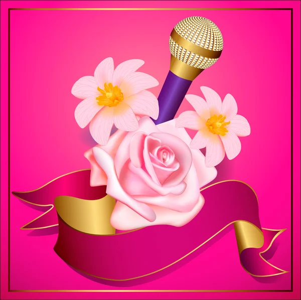 Φέιγ βολάν ή αφίσα πρότυπο κόμμα με μικρόφωνο και λουλούδια — Διανυσματικό Αρχείο