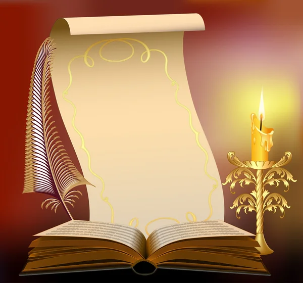 Buch mit brennender Kerze und Federpapyrus — Stockvektor