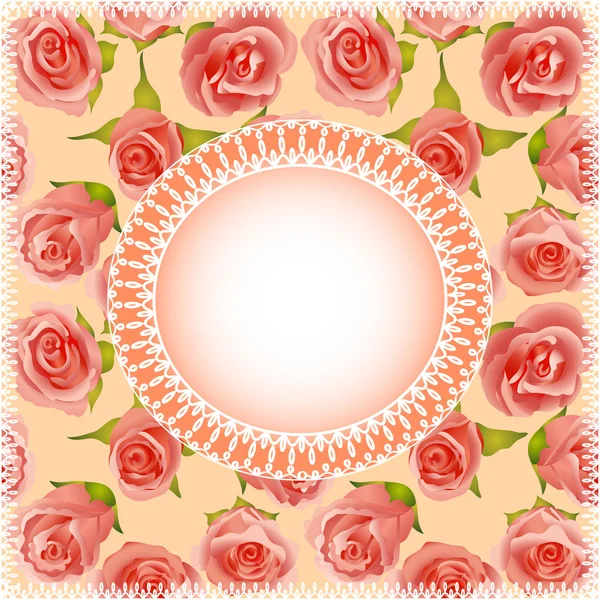 Background with roses and lace circle for text — Stock Vector