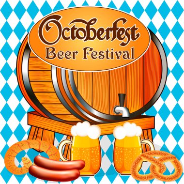 Oktoberfest tatil afişi. Fıçılar dolusu bira, krakerler ve sosislerle. 