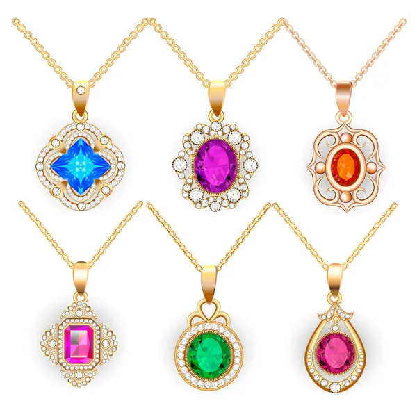 Illustration Set Necklace Pendants Jewelry Made Precious Stones Isolated White — Stock Vector