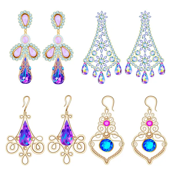 Illustration Ensemble Boucles Oreilles Bijoux Avec Pierres Précieuses Isolées Sur — Image vectorielle