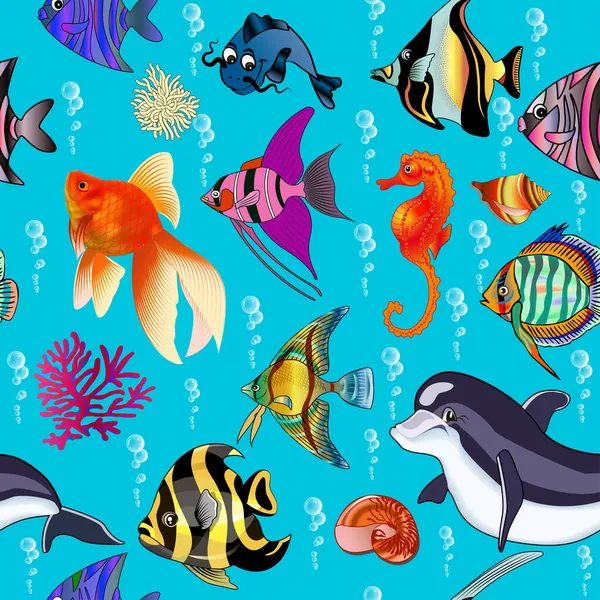 Ilustración Fondo Marino Sin Costuras Con Peces Delfines Conchas — Vector de stock