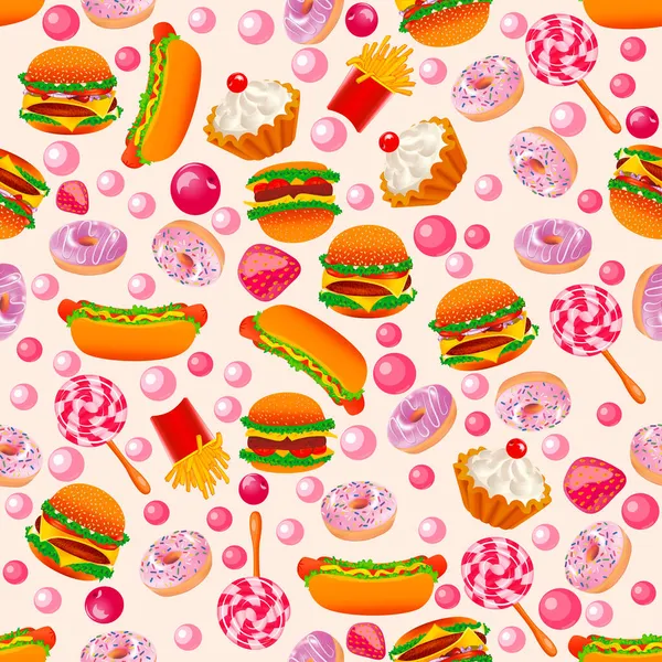 Illustration Fast Food Nahtlose Muster Mit Donuts Burger Hot Dogs — Stockvektor