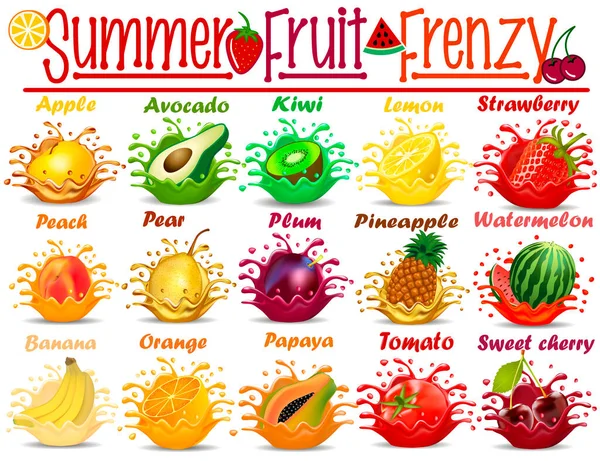 Uppsättning Illustrationer Stänk Färskpressad Juice Med Frukt Och Grönsaker Sommar — Stock vektor