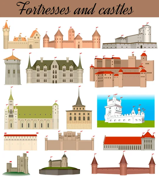 Conjunto Ilustración Arquitectónica Fortalezas Castillos — Vector de stock