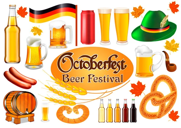 Conjunto Ilustración Para Cartel Festivo Oktoberfest Con Barril Taza Cerveza — Archivo Imágenes Vectoriales