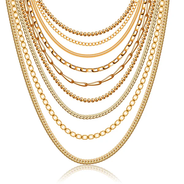Illustration Einer Kette Mehrschichtige Goldketten Und Perlen Isoliert Auf Weiß — Stockvektor